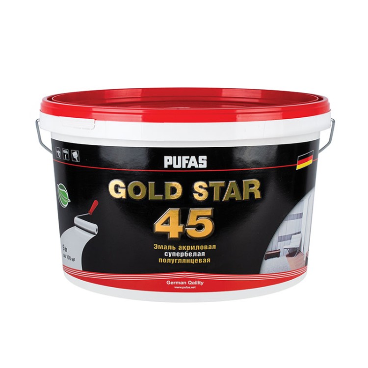 Эмаль акриловая Pufas GOLD STAR 45 супербелая полуглянц. мороз. (9 л)